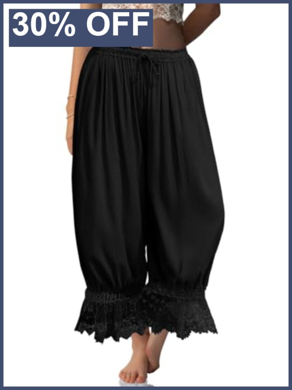 Linen Lace Trim Long Bloomers Wide Leg Tie Front Lounge Pants